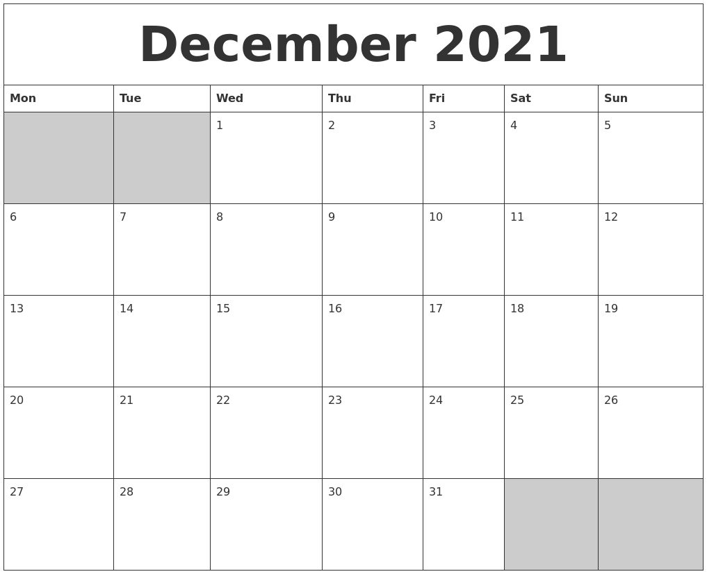 December 2021 Blank Printable Calendar December 2021 Calendar Quiz