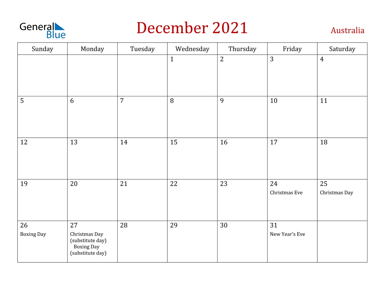 December 2021 Calendar - Australia December 2021 Calendar Printable