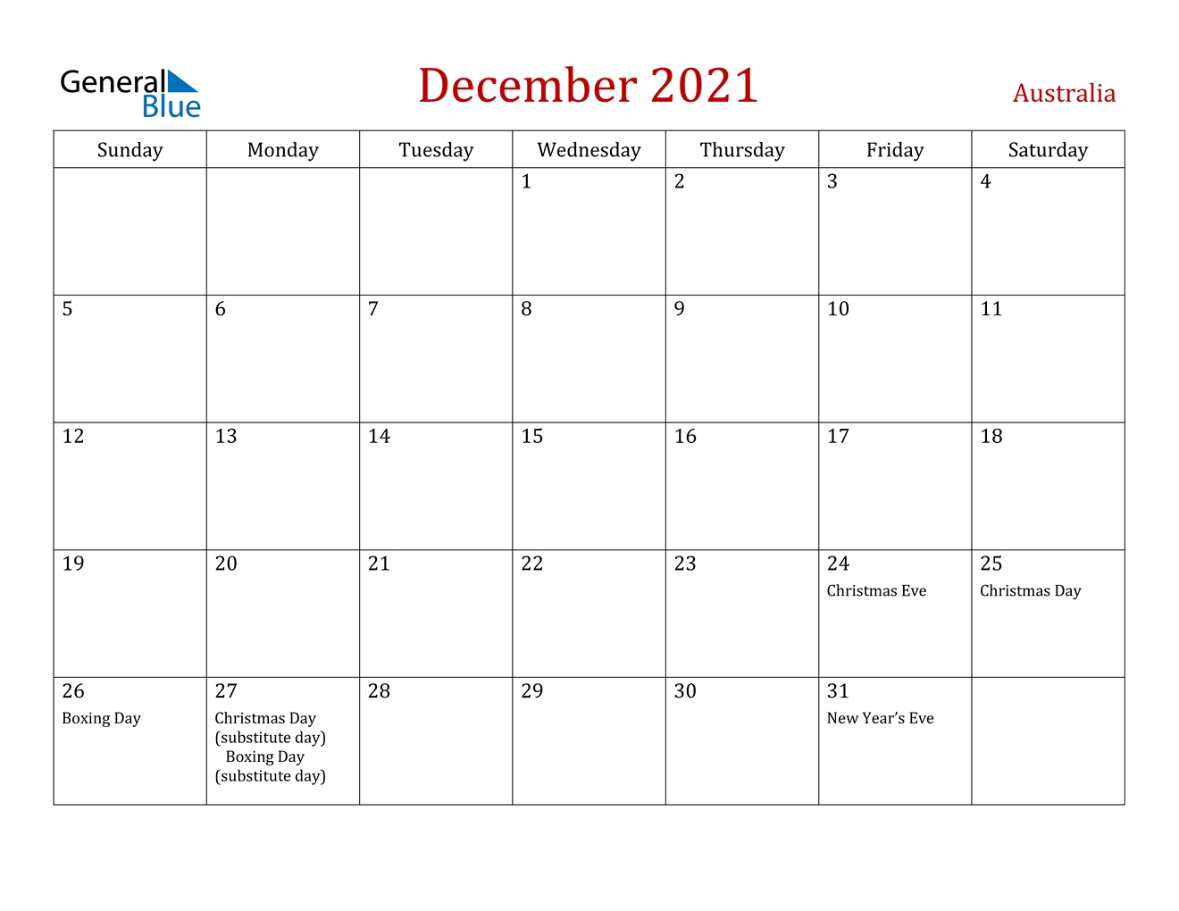 December 2021 Calendar - Australia December 2021 Calendar Template