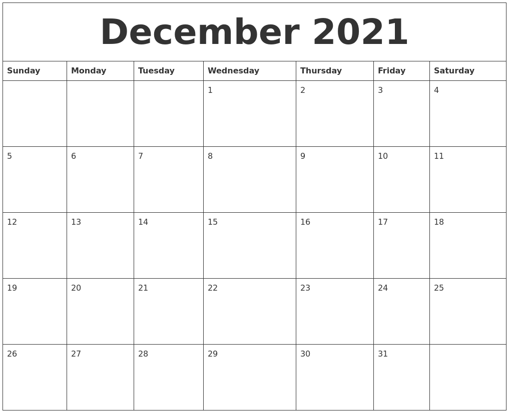 December 2021 Calendar Blank December 2021 Calendar Printable