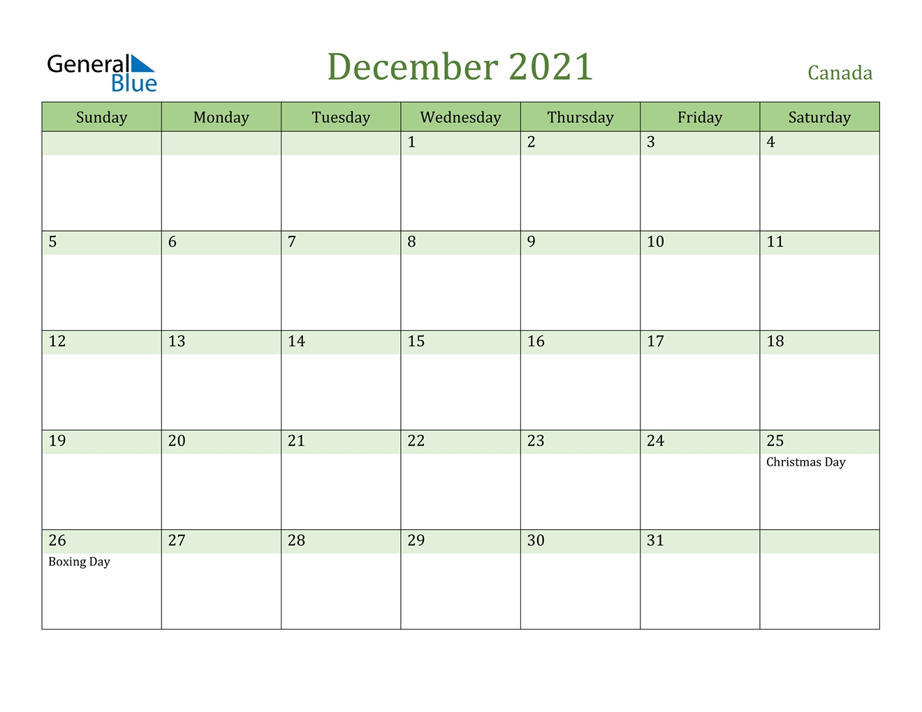 December 2021 Calendar - Canada December 2021 Calendar Template