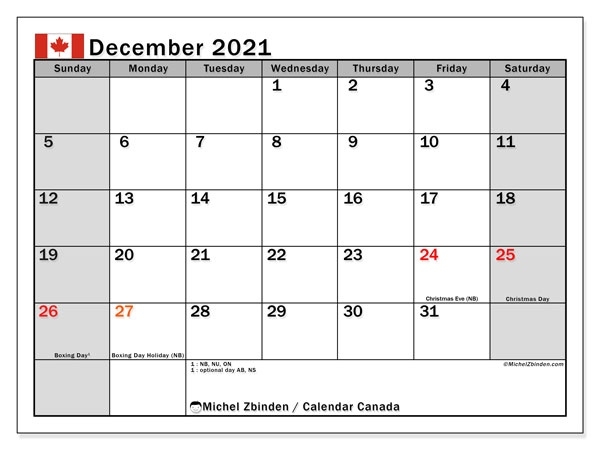 December 2021 Calendar, Canada - Michel Zbinden En October 2021 Calendar With Holidays Canada