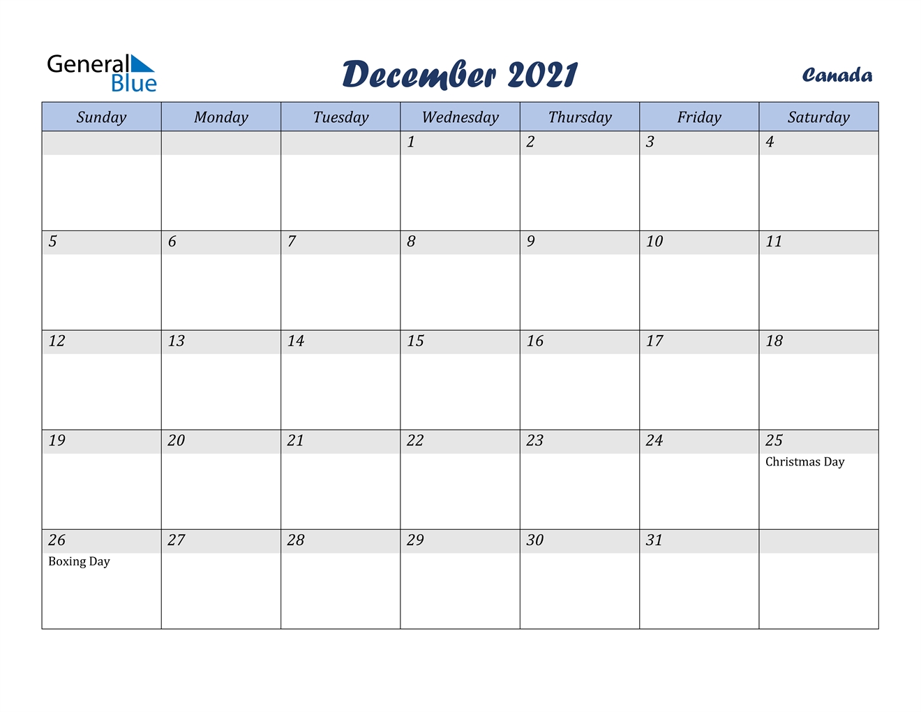 December 2021 Calendar - Canada Www.a-Printable-Calendar.com December 2021