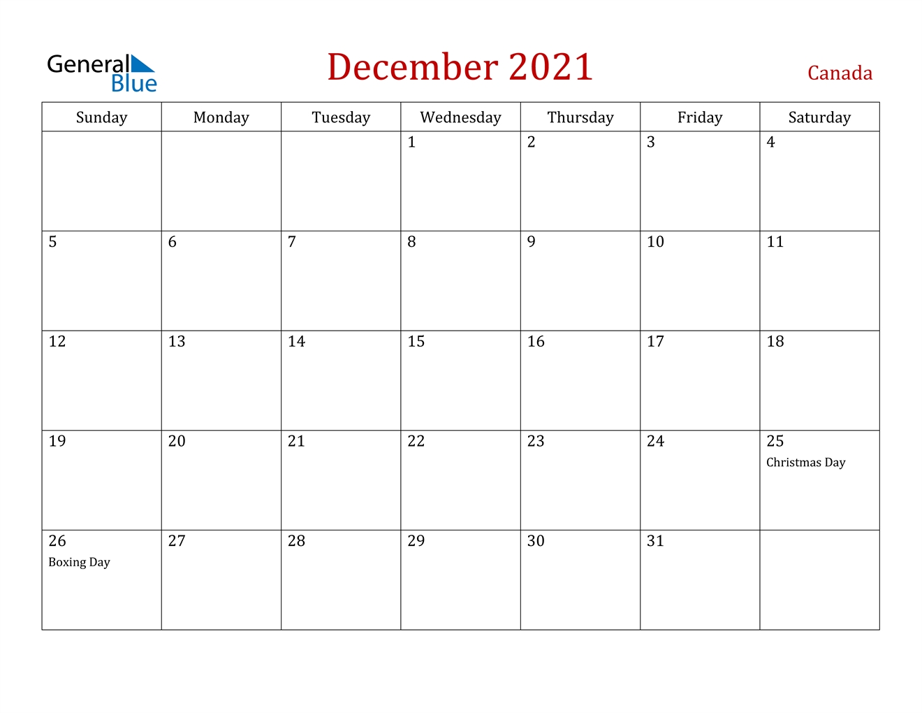 December 2021 Calendar - Canada Www.a-Printable-Calendar.com December 2021