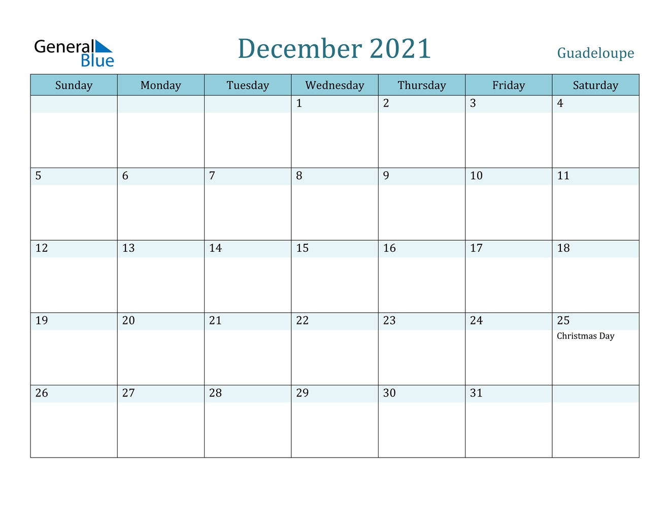 December 2021 Calendar - Guadeloupe Www.a-Printable-Calendar.com December 2021
