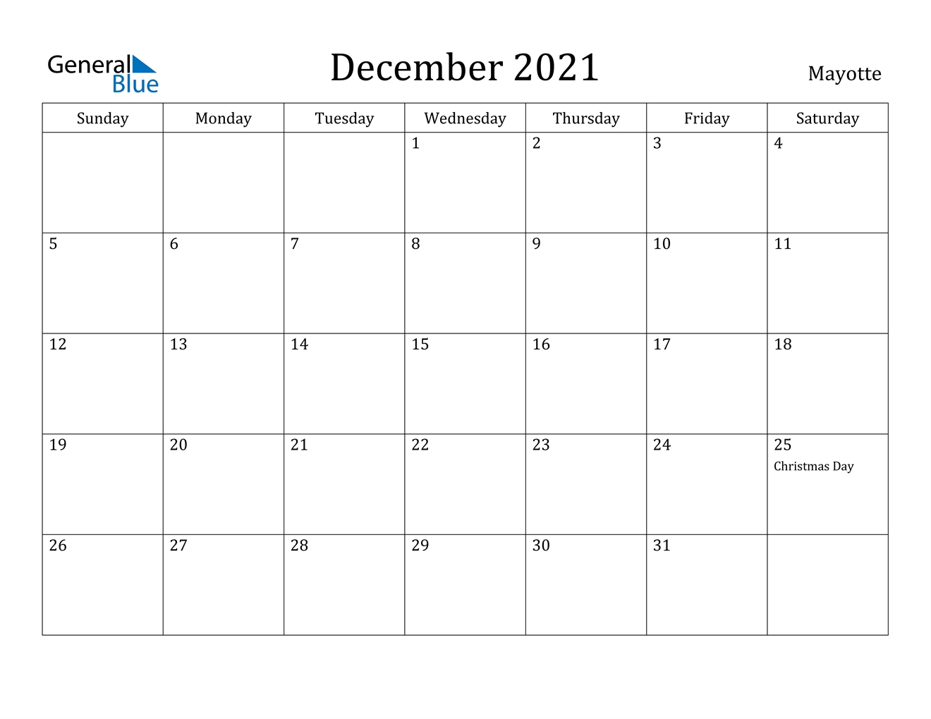 December 2021 Calendar - Mayotte December 2021 Calendar Xl