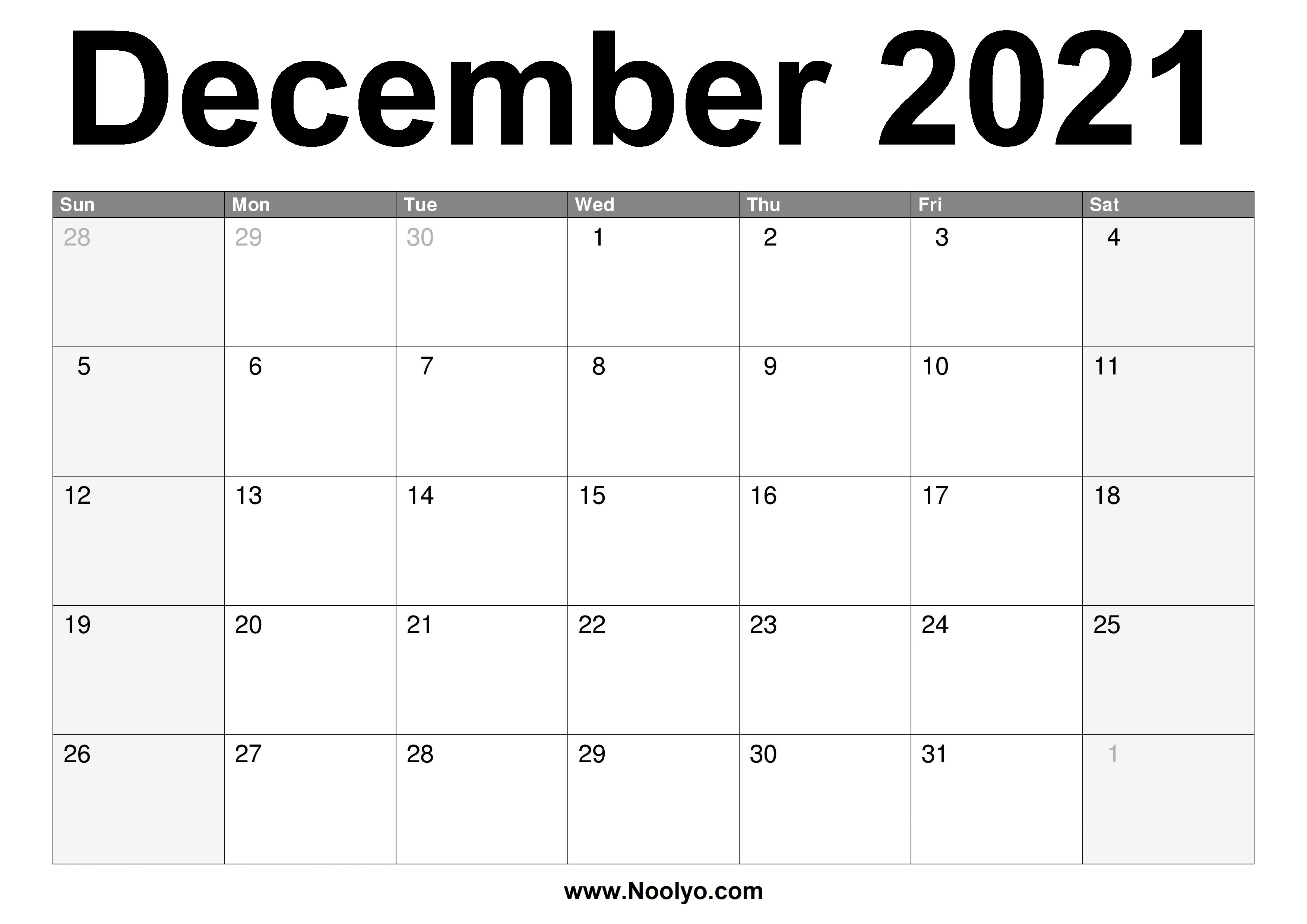 December 2021 Calendar Printable - Free Download - Noolyo December 2021 Calendar Xl