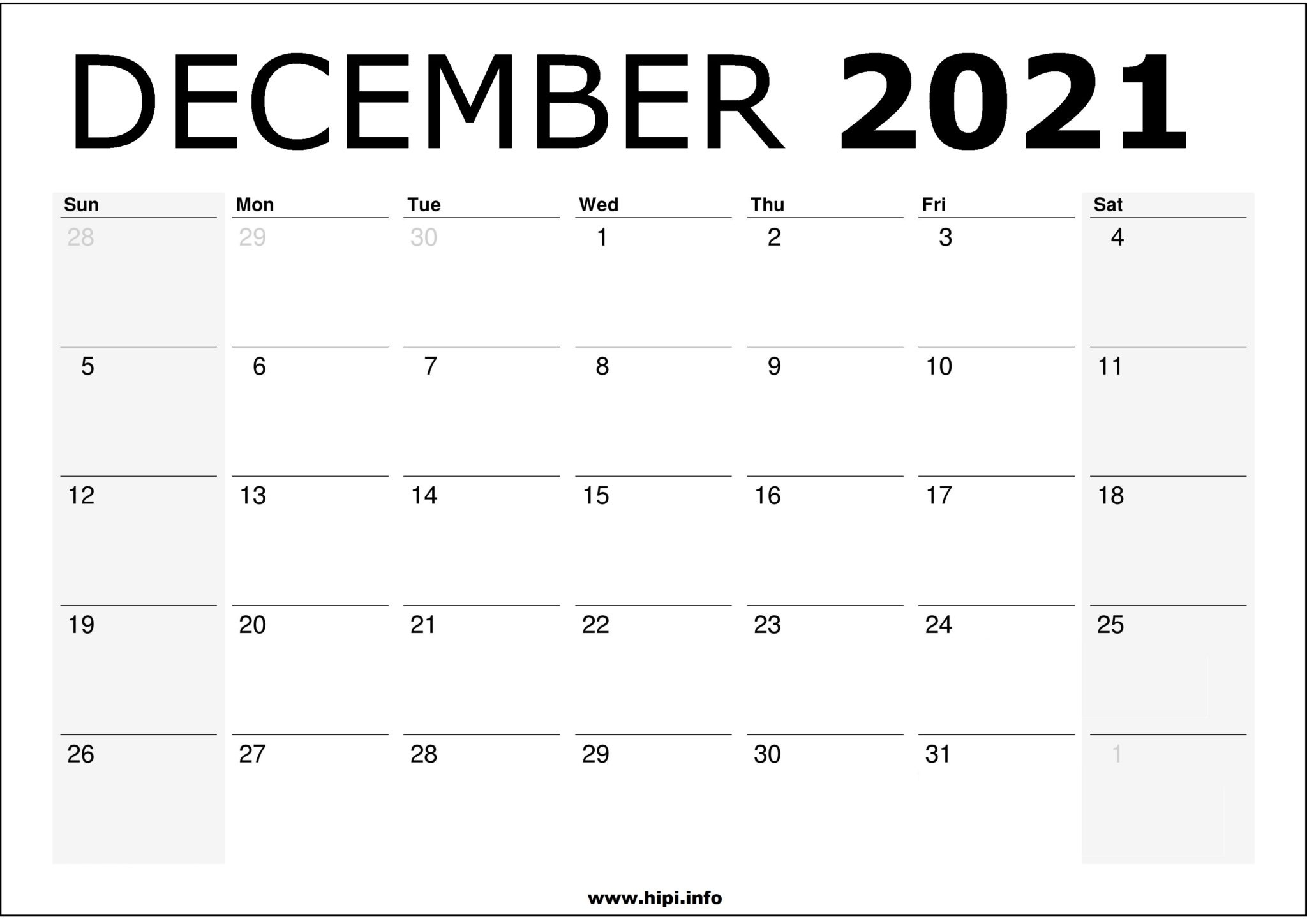 December 2021 Calendar Printable - Monthly Calendar Free Download - Hipi | Calendars December 2021 Calendar Printable