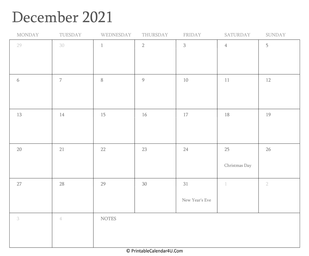 December 2021 Calendar Printable With Holidays 2021 December January Calendar