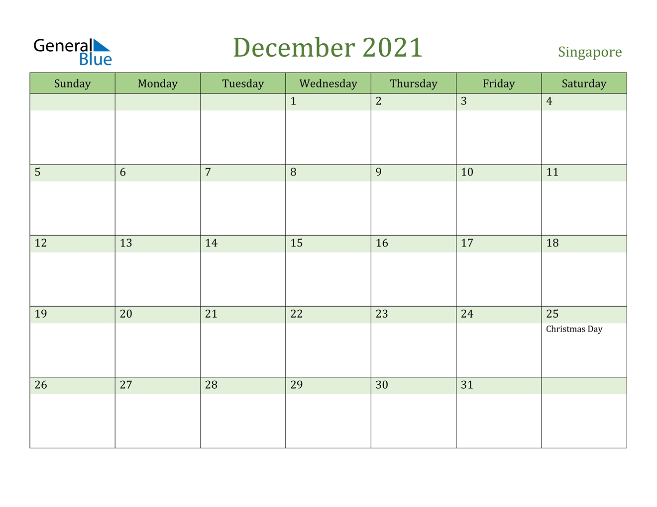 December 2021 Calendar - Singapore December 2021 Calendar Printable