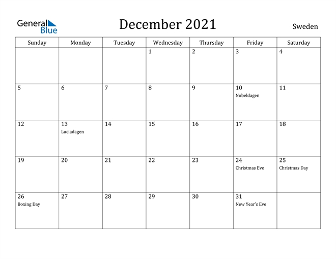 December 2021 Calendar - Sweden December And January 2021 Calendar