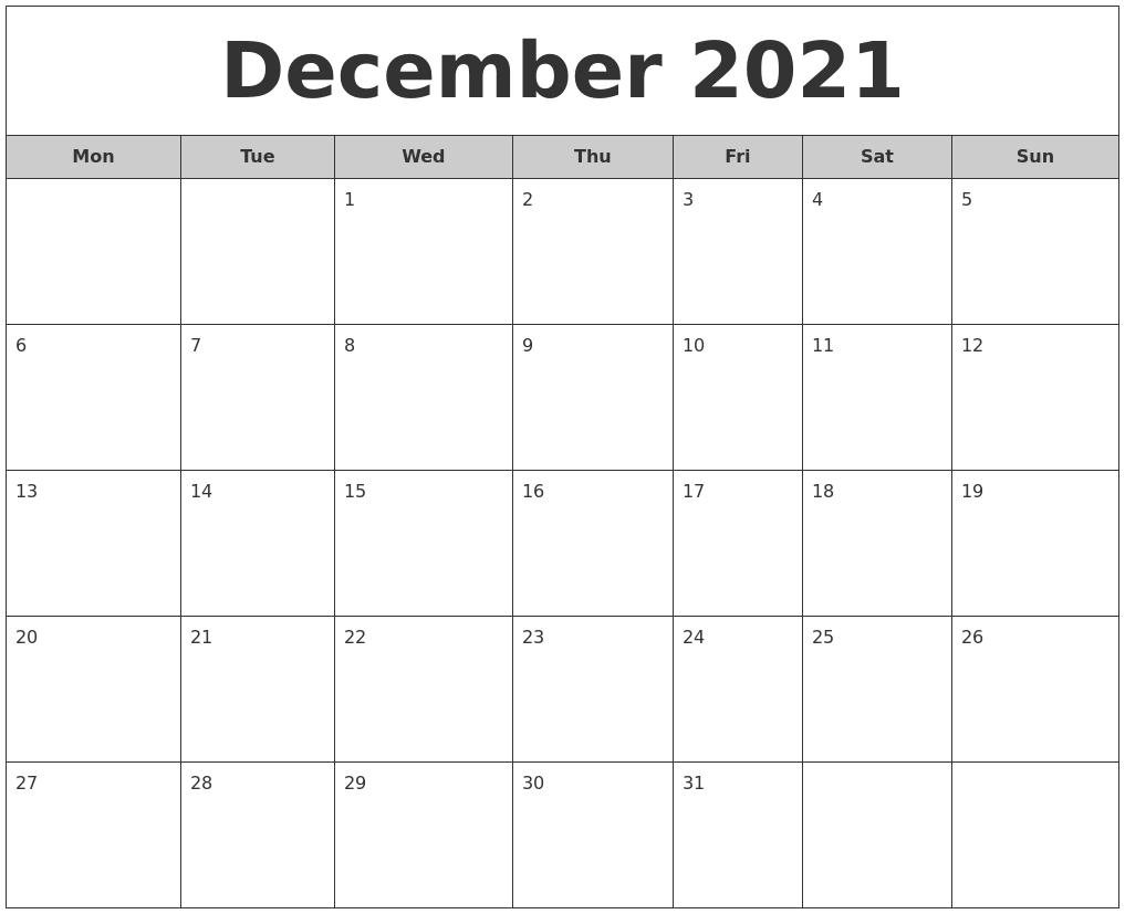 December 2021 Free Monthly Calendar Www.a-Printable-Calendar.com December 2021