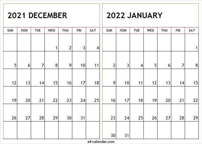 December 2021 January 2022 Calendar - A4 Calendar 2021 December January Calendar