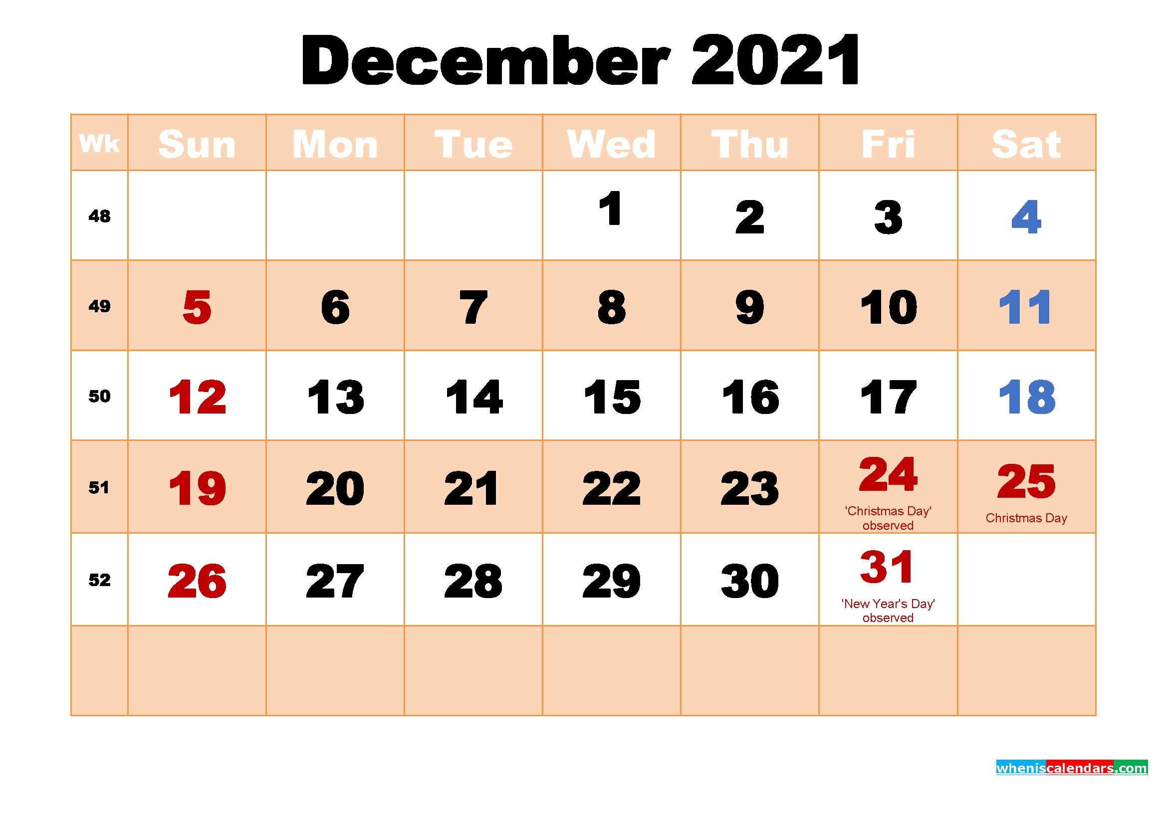 December 2021 Printable Calendar With Holidays | Free Printable 2020 Calendar With Holidays December 2021 Calendar Printable