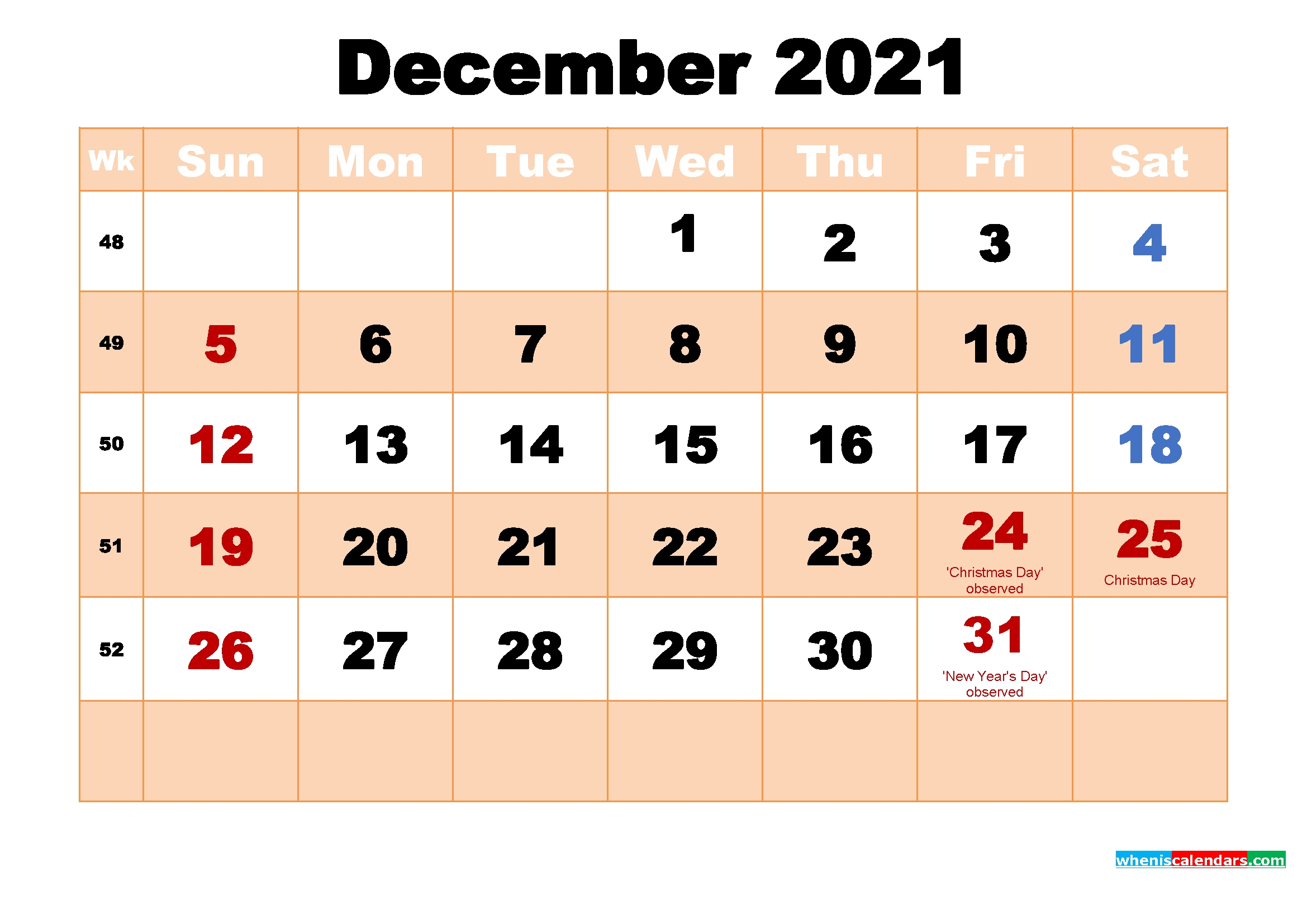 December 2021 Printable Calendar With Holidays | Free Printable 2020 Calendar With Holidays December 2021 Calendar Template