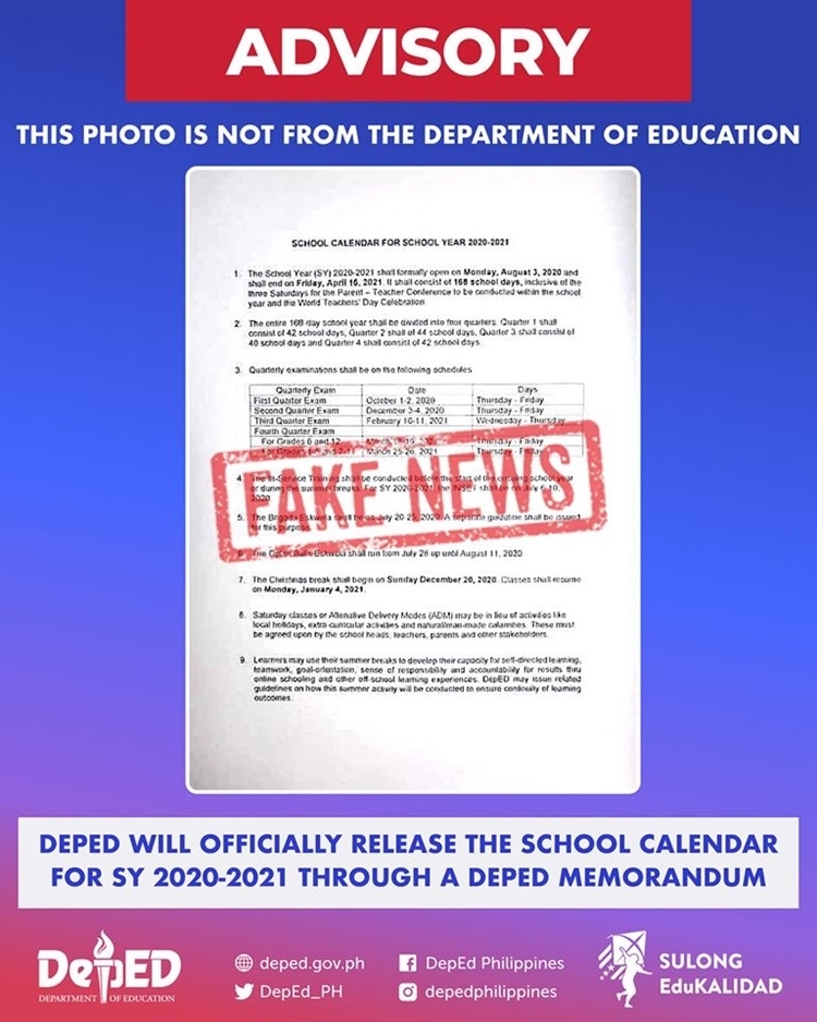 Deped Says Circulating Photo Of 2020-2021 School Calendar Is Fake Deped Calendar Of Activities October 2020 To 2021