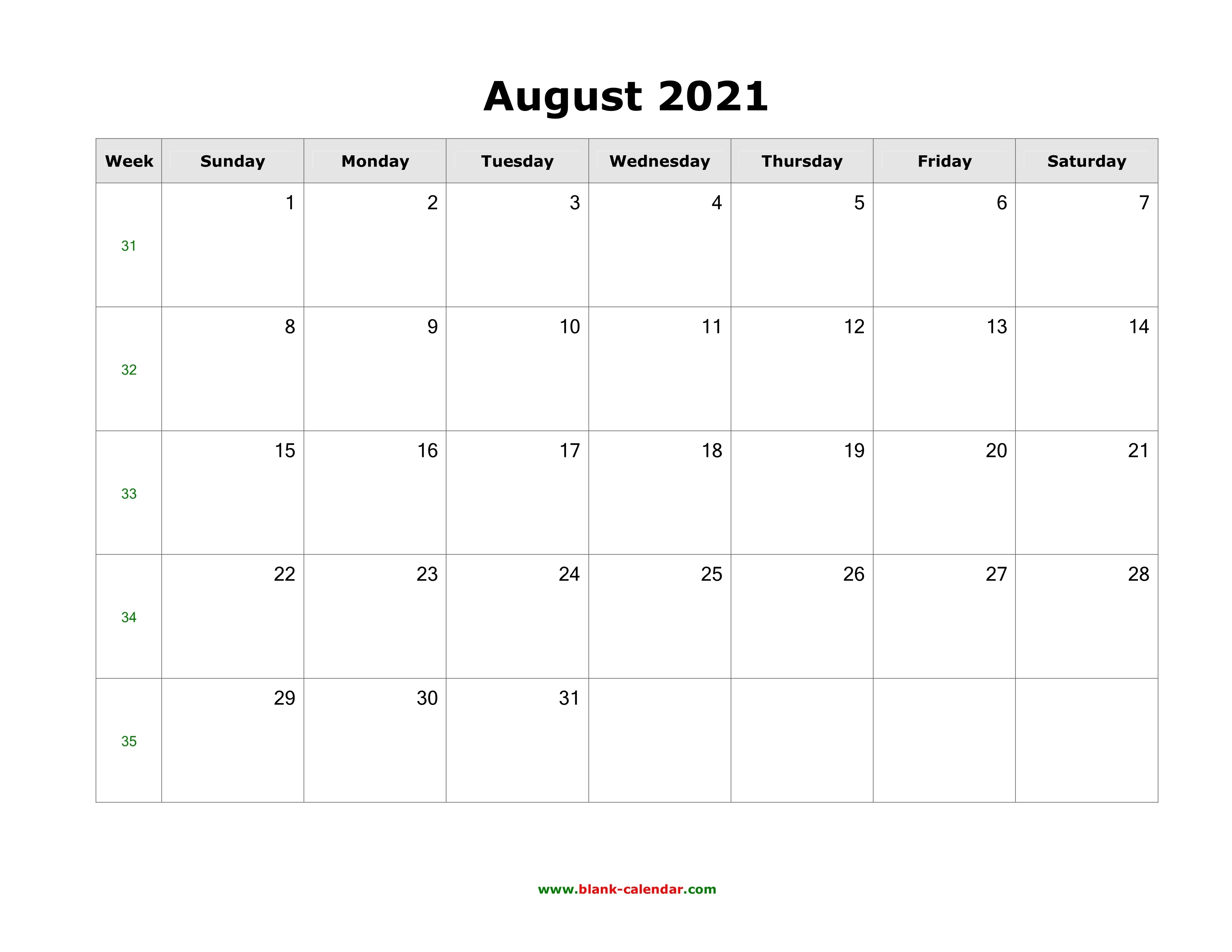 Download August 2021 Blank Calendar (Horizontal) August 2021 Calendar Template Word