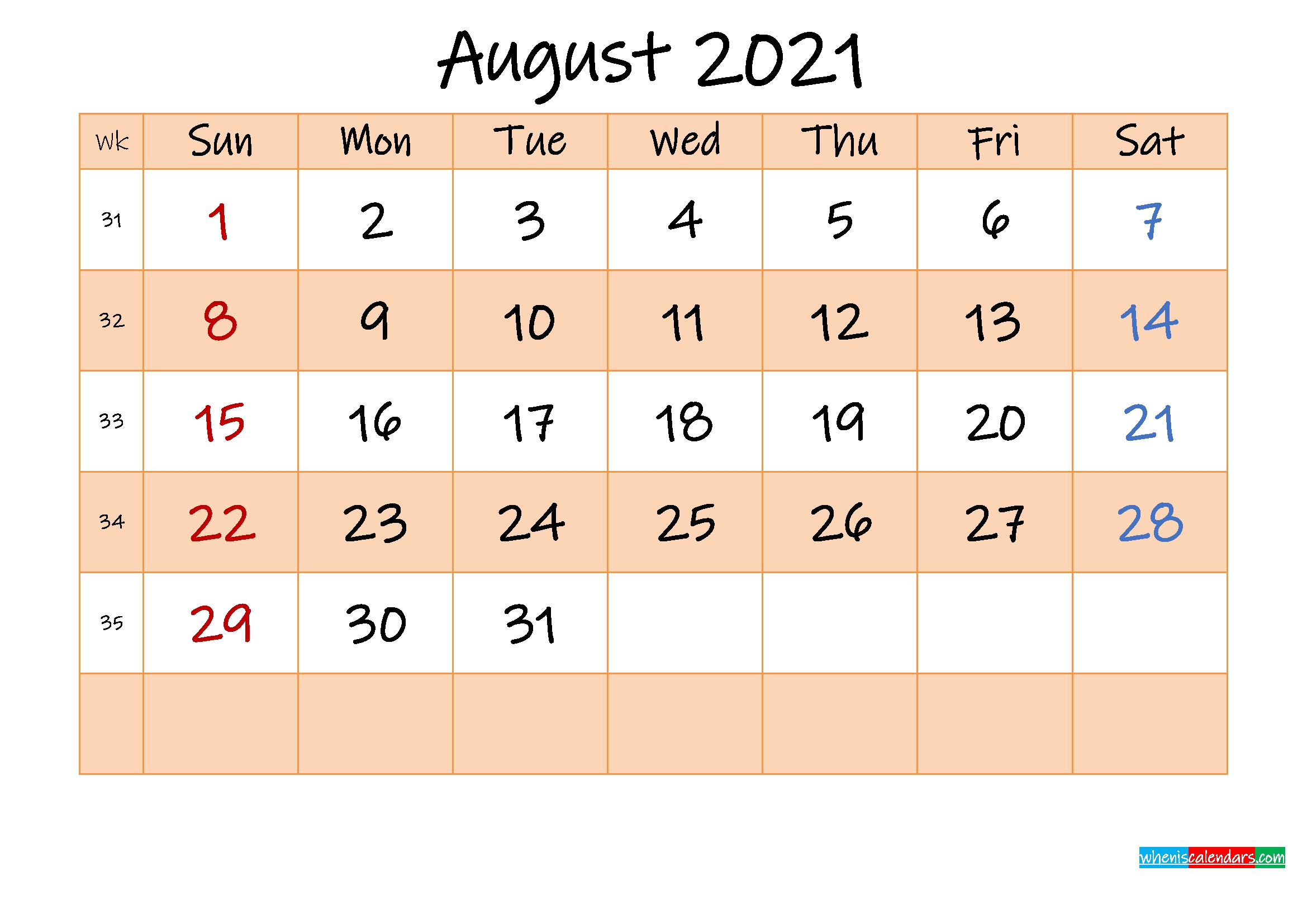 Editable August 2021 Calendar - Template No.ink21M488 | Free Printable 2020 Calendar With Holidays August 2021 Calendar Template Word