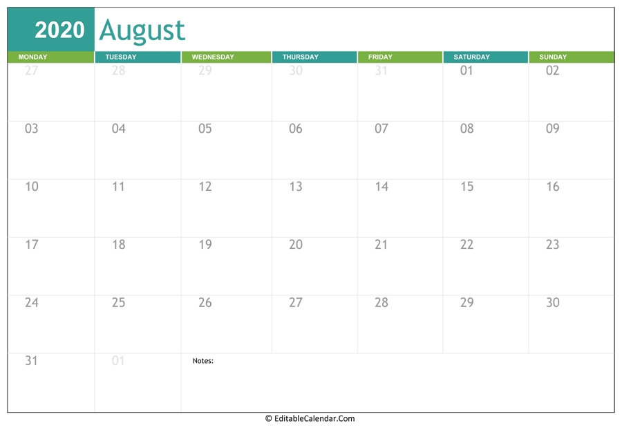 Editable Calendar August 2020 August 2021 Editable Calendar