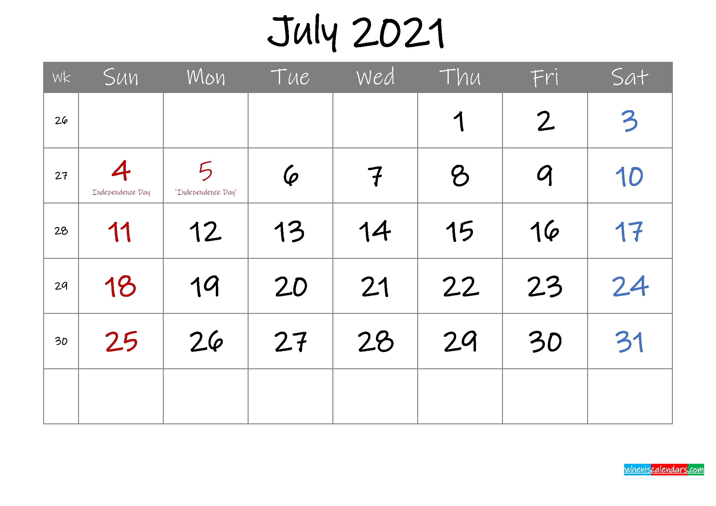 Editable July 2021 Calendar With Holidays - Template Ink21M7 - Free Printable 2020 Monthly July 2020 - June 2021 Calendar Template