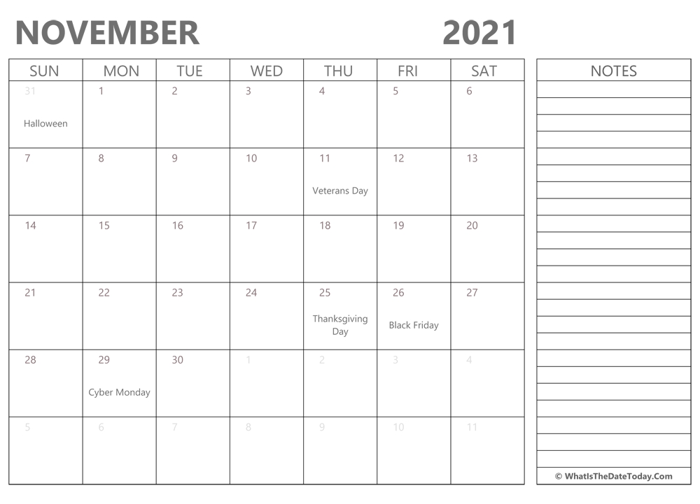 Editable November 2021 Calendar With Holidays And Notes | Whatisthedatetoday November 2021 Calendar Holidays