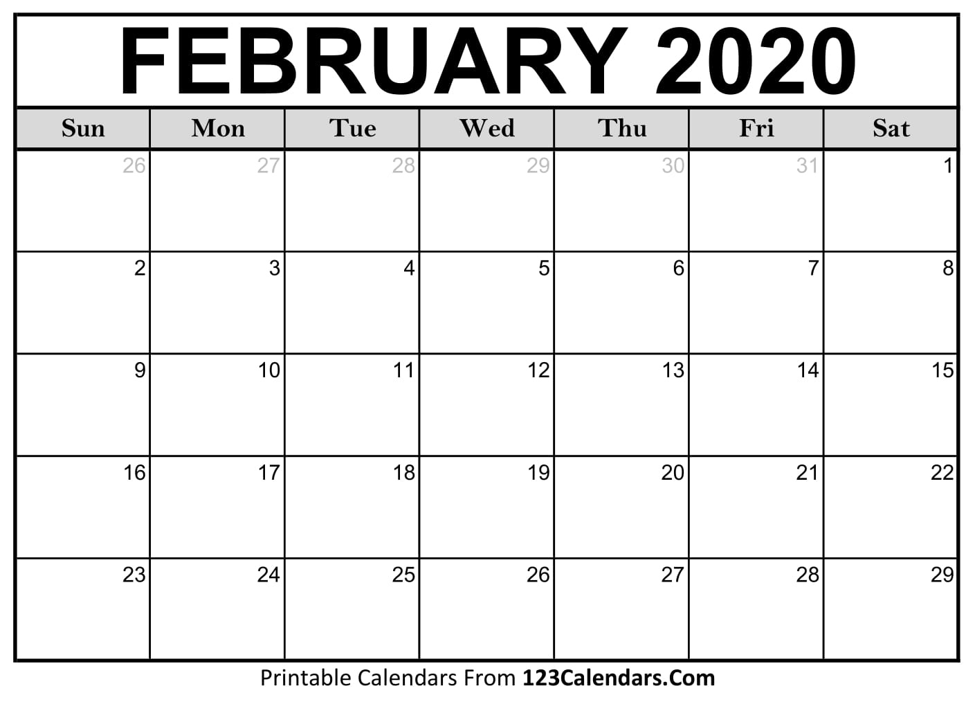 February 2020 Printable Calendar | 123Calendars Calendar September 2020 To February 2021