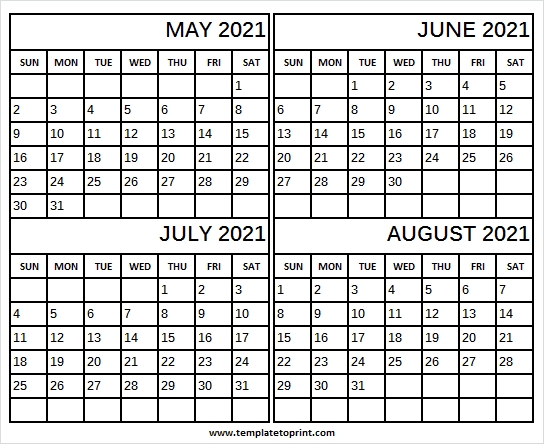 Four Month Calendar May To Aug 2021 | Printable Calendar 2021 May Thru August 2021 Calendar