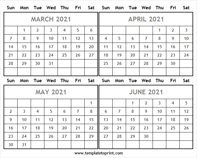 Four Month March To June 2021 Calendar - Editable Calendar Template March To June 2021 Calendar