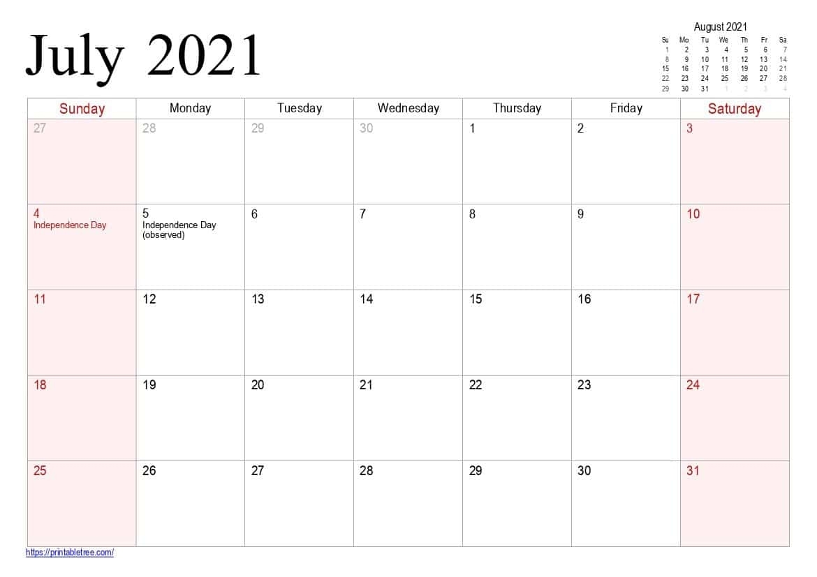 Free Download July 2021 Printable Calendar Templates Pdf Www.wiki-Calendar.com July 2021