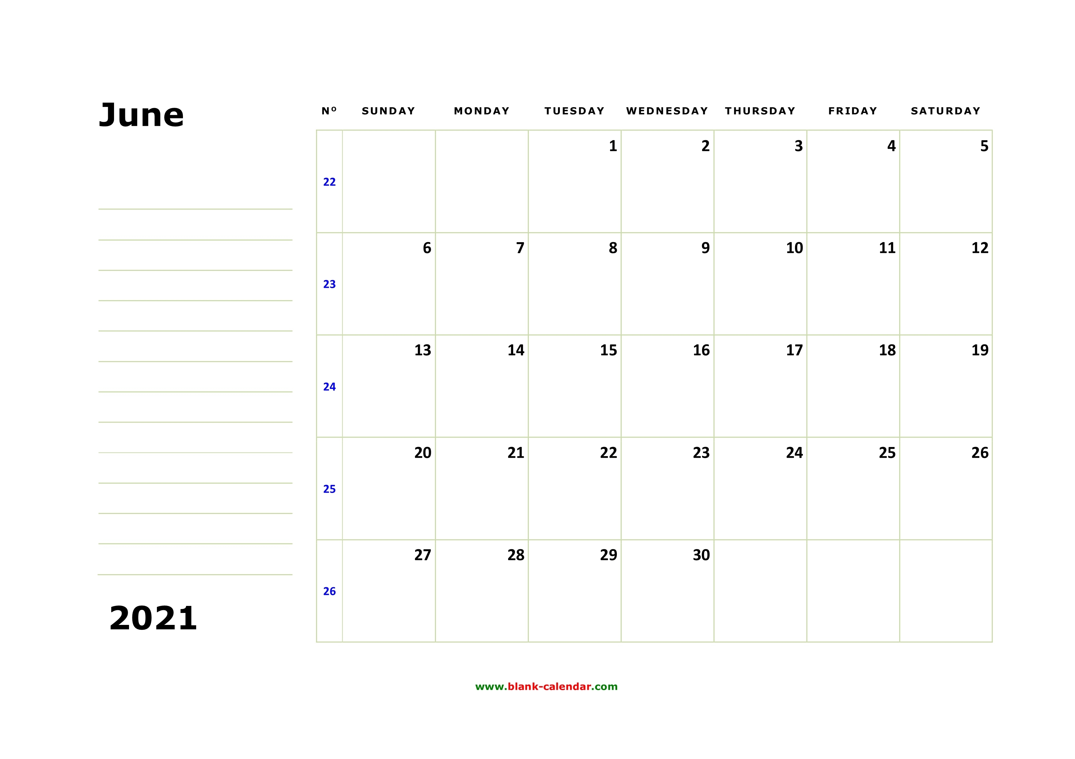 Free Download Printable June 2021 Calendar, Large Box, Holidays Listed, Space For Notes May And June 2021 Calendar Excel