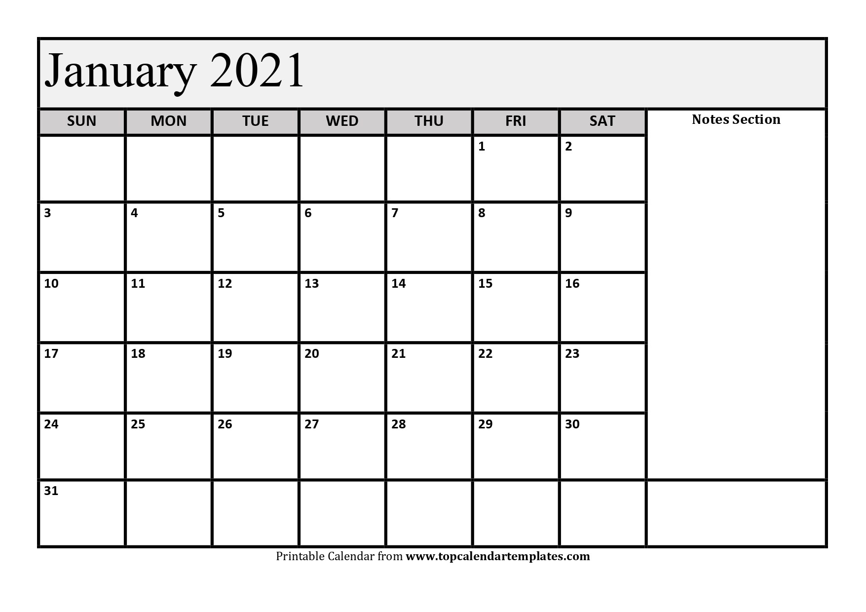 Free January 2021 Calendar Printable - Monthly Template January - June 2021 Calendar