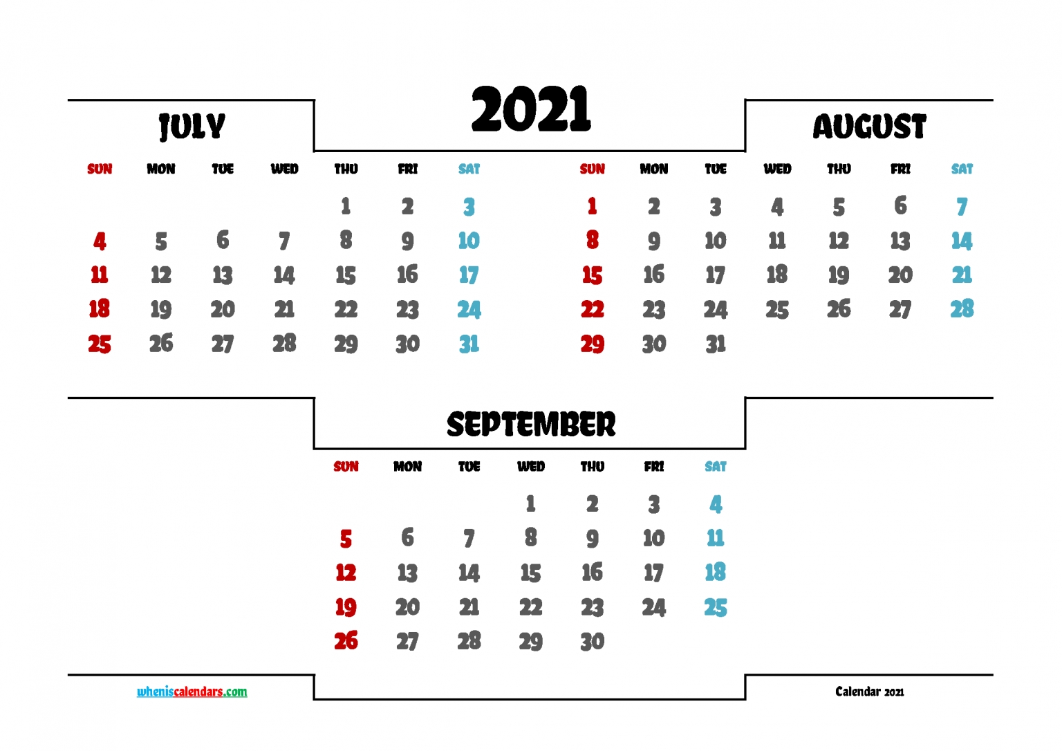 Free July August September 2021 Calendar Printable 6 Templates July To September 2021 Calendar