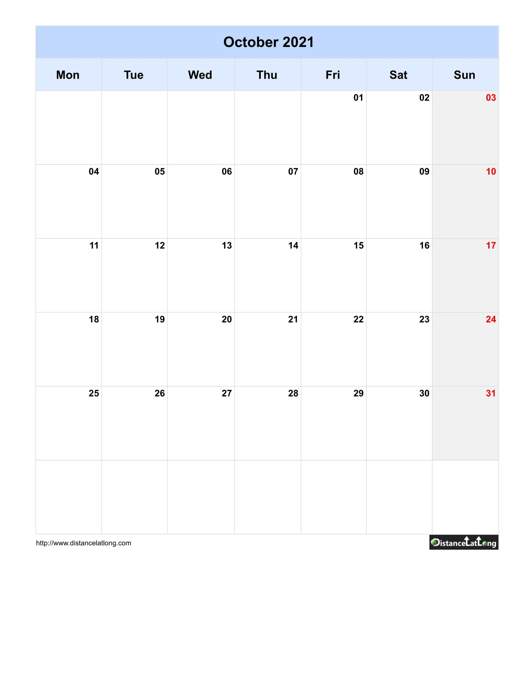 Free Monthly Printable Blank Calendar For October 2021 Monday To Sunday August 2021 Calendar Nz