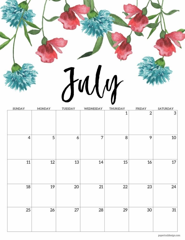 Free Printable 2021 Floral Calendar | Paper Trail Design In 2020 | Calendar Printables, Cute Cute August 2021 Calendar