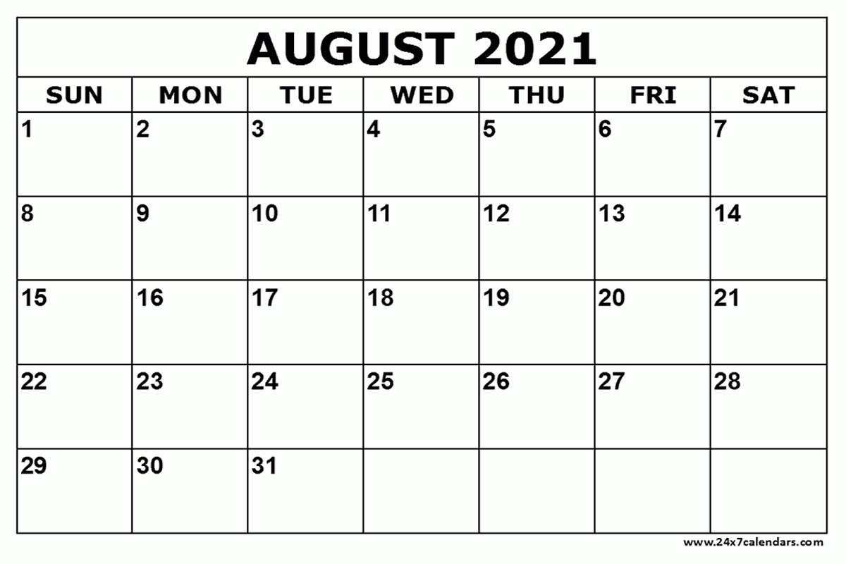 Free Printable August 2021 Calendar : 24X7Calendars August 2021 Blank Calendar Printable