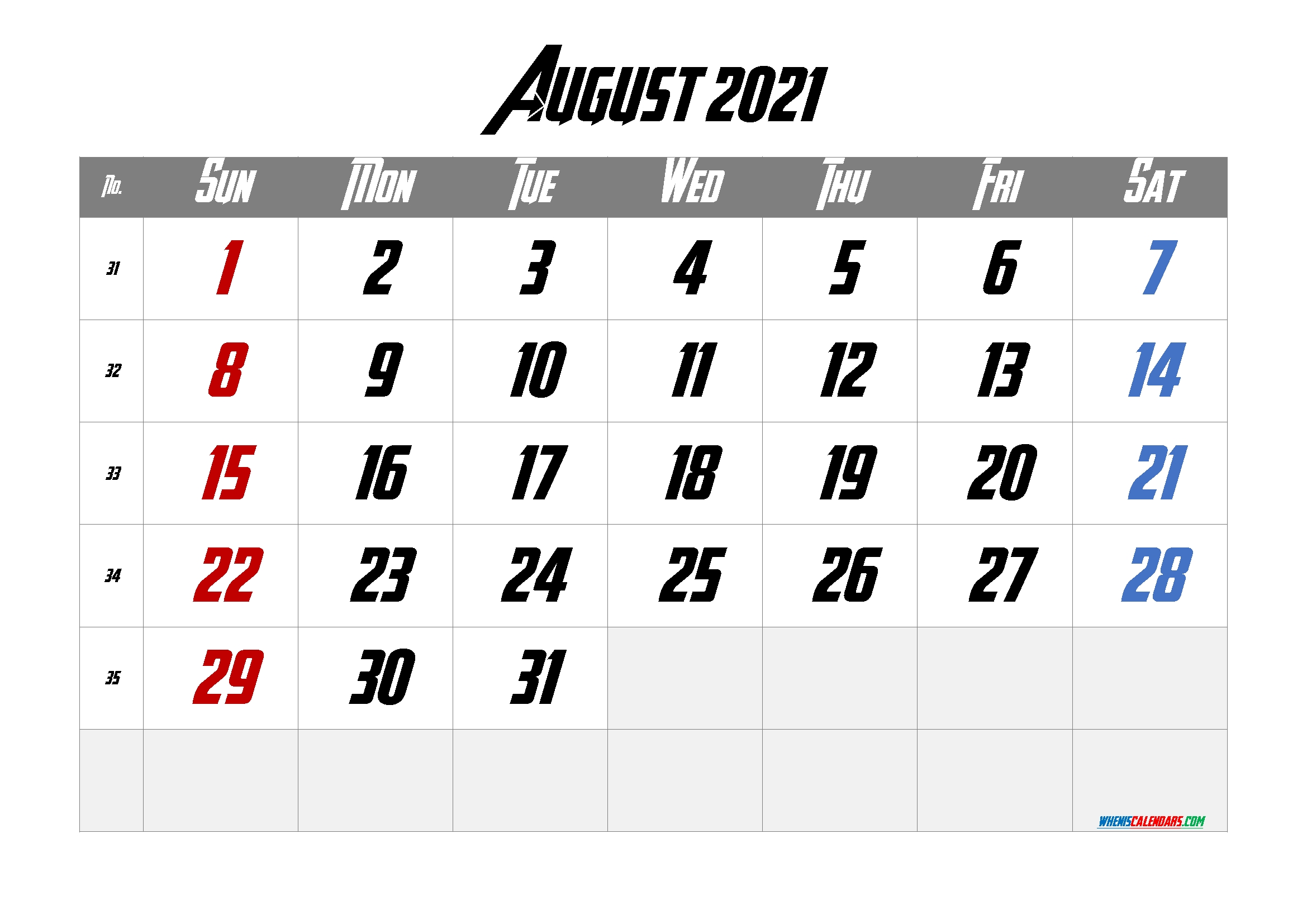 Free Printable August 2021 Calendar Free Printable August 2021 Calendar