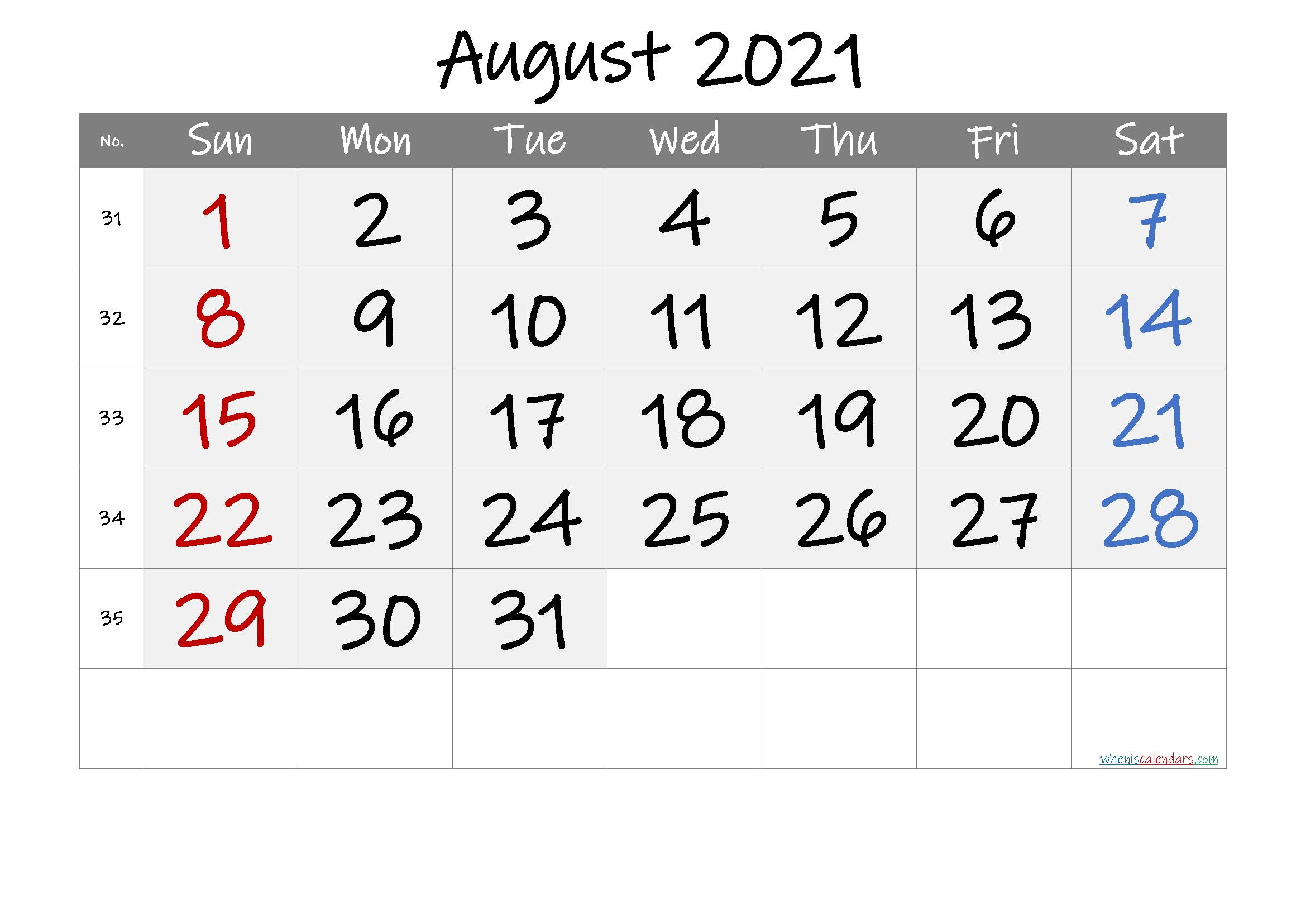 Free Printable August 2021 Calendar With Holidays Free Printable August 2021 Calendar