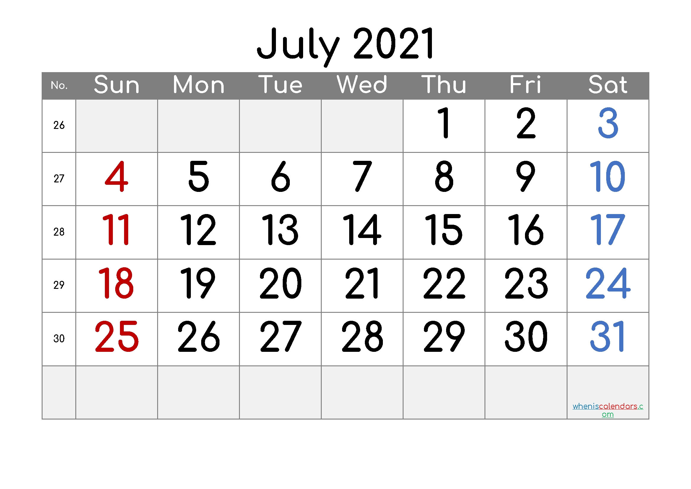 Free Printable July 2021 Calendar Online Calendar July 2021