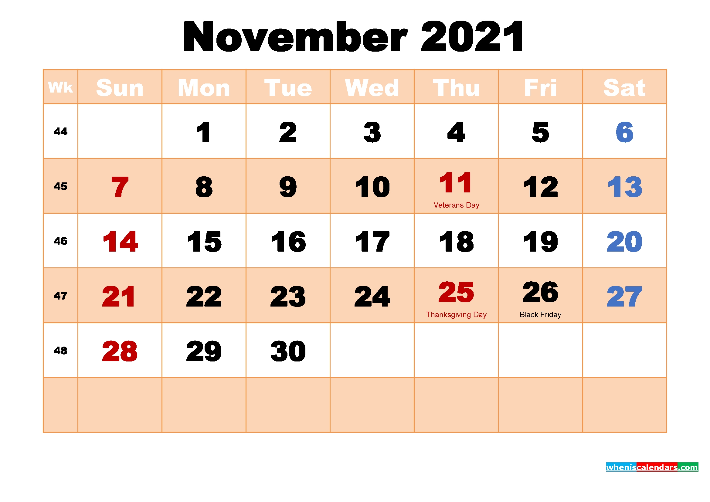 Free Printable November 2021 Calendar With Holidays | Free Printable 2020 Calendar With Holidays November 2021 Calendar Free Printable