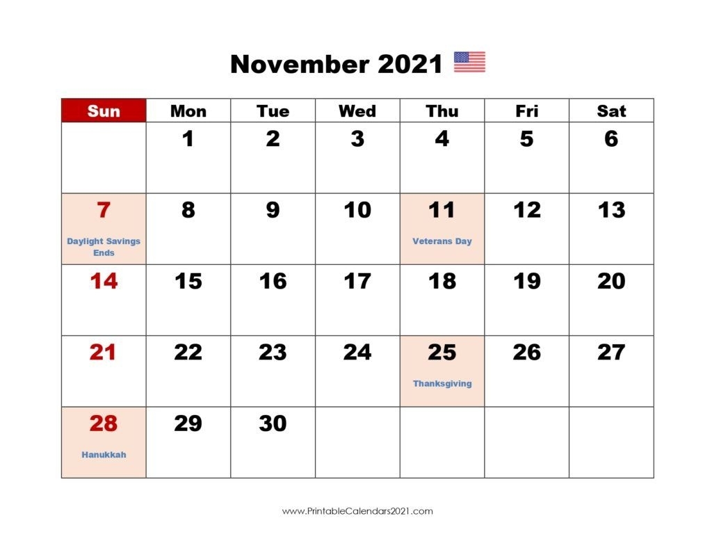Free Printable November 2021 Calendar With Holidays - Yearmon November 2021 Calendar Starting Monday