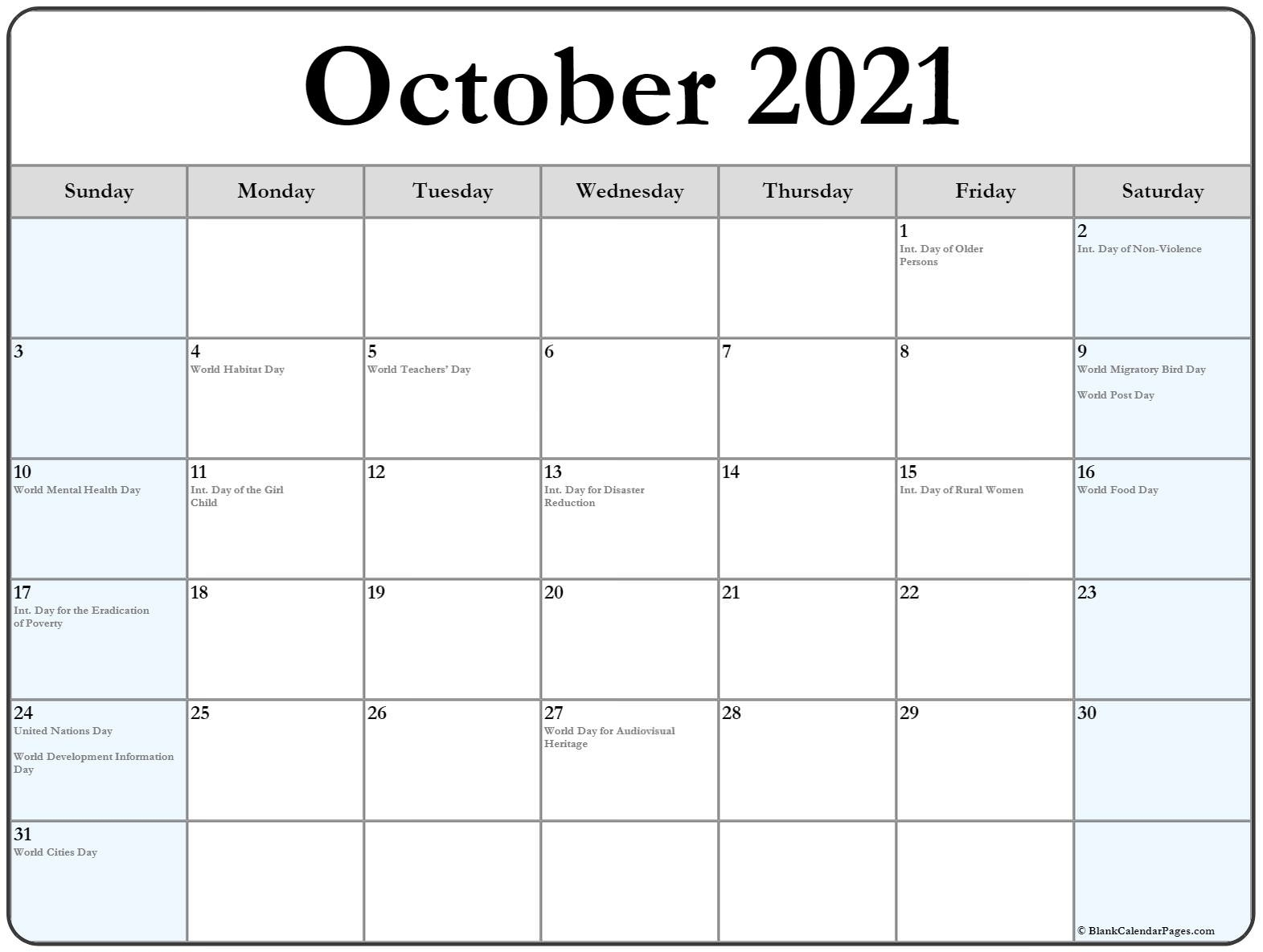 Free Printable October 2021 Calendar With Holidays | Printable Calendar October 2021 Lunar Calendar