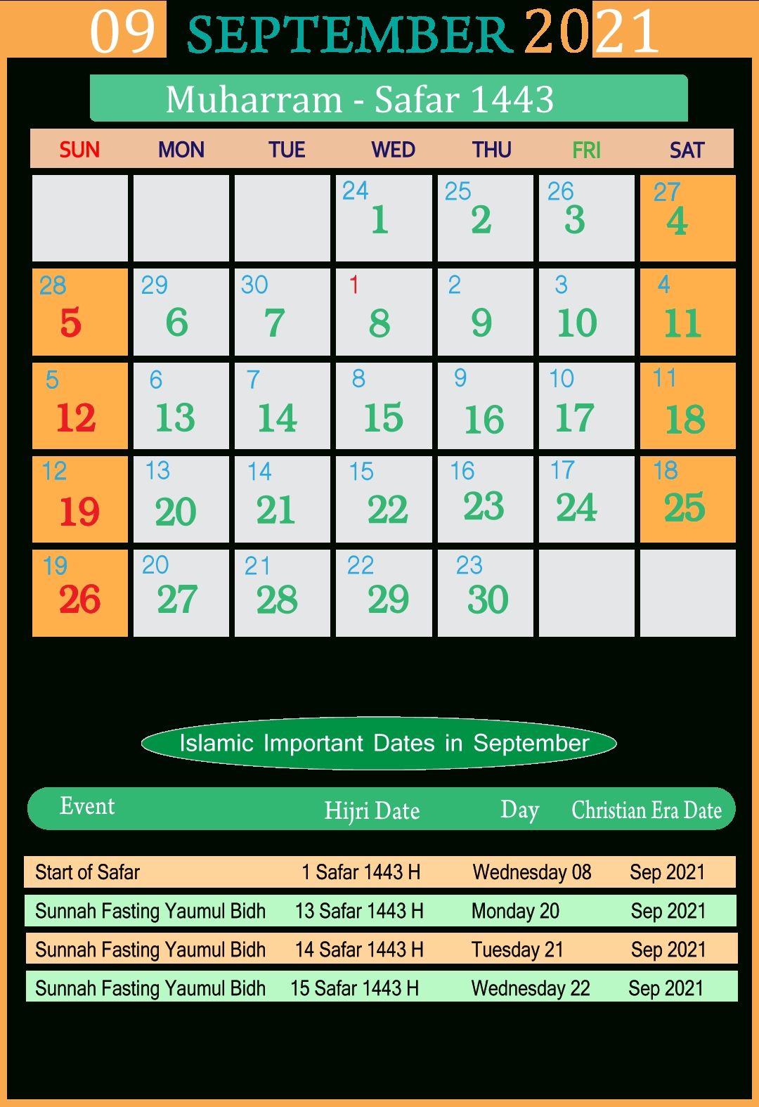Islamic Calendar 2021 September | Seg September 2021 Calendar With Holidays India