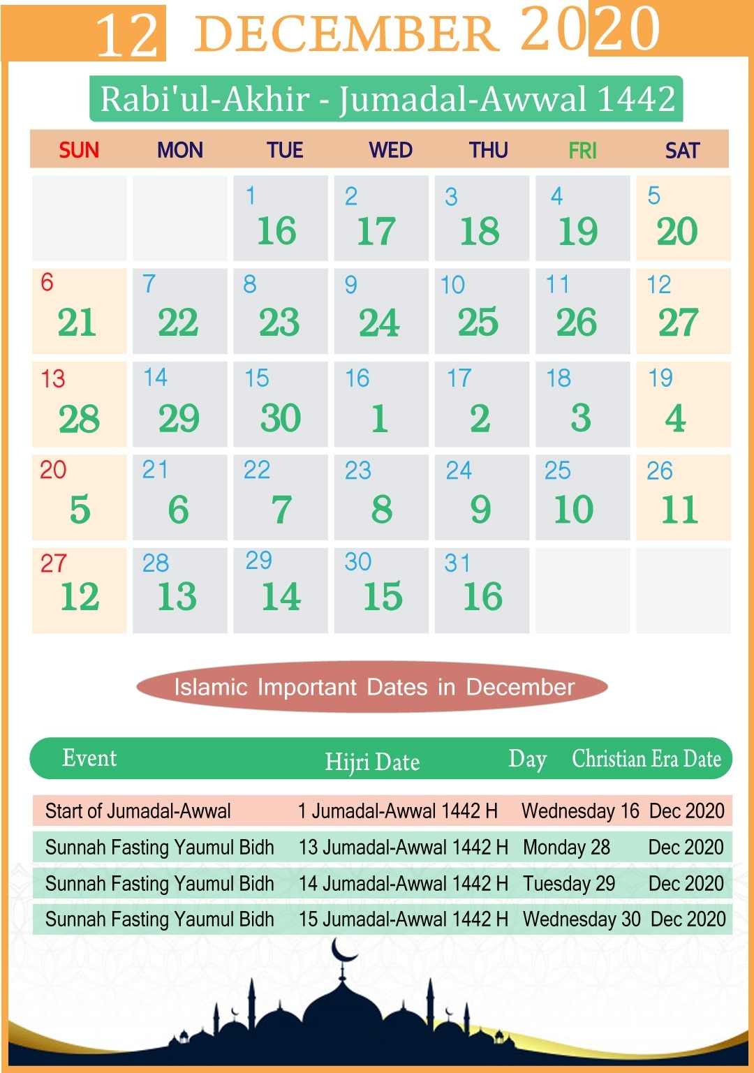 Islamic Calendar December 2020 | Year Islamic Calendar 2021 January To December