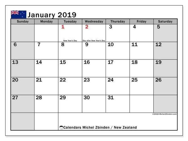January 2019 Calendar, New Zealand - Michel Zbinden En December 2020 January 2021 Calendar Nz