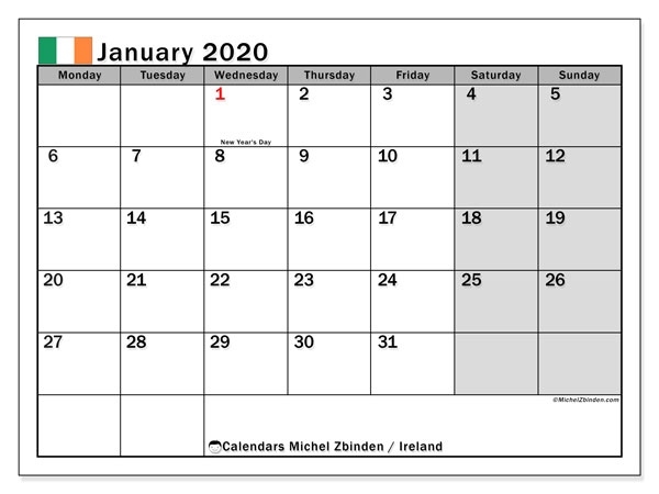 January 2020 Calendar, Ireland - Michel Zbinden En August 2021 Calendar Ireland