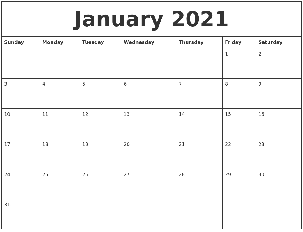January 2021 Printable Calendar Pdf January - June 2021 Calendar