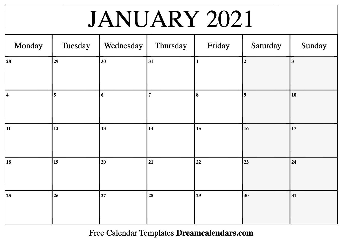January February 2021 Calendar Monday To Friday | Printable Calendar Design January Thru December 2021 Calendar