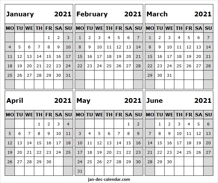 January To June 2021 Blank Calendar | Printable Jan 2021 Calendar Daily Calendar 2021 June