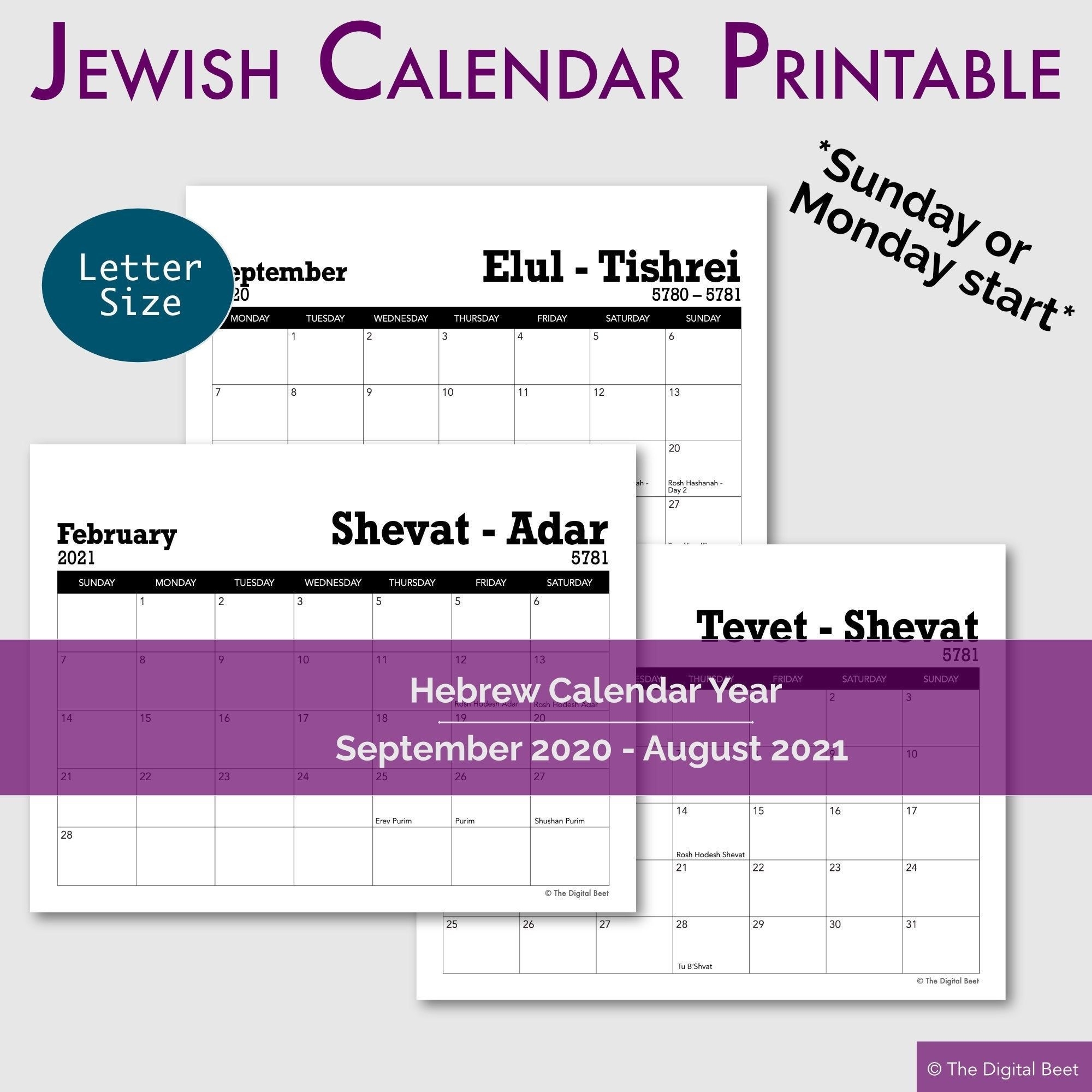 Jewish Holidays Hebrew Year Calendar 12-Month Printable | Etsy In 2020 | Jewish Holidays Hebrew Calendar September 2021