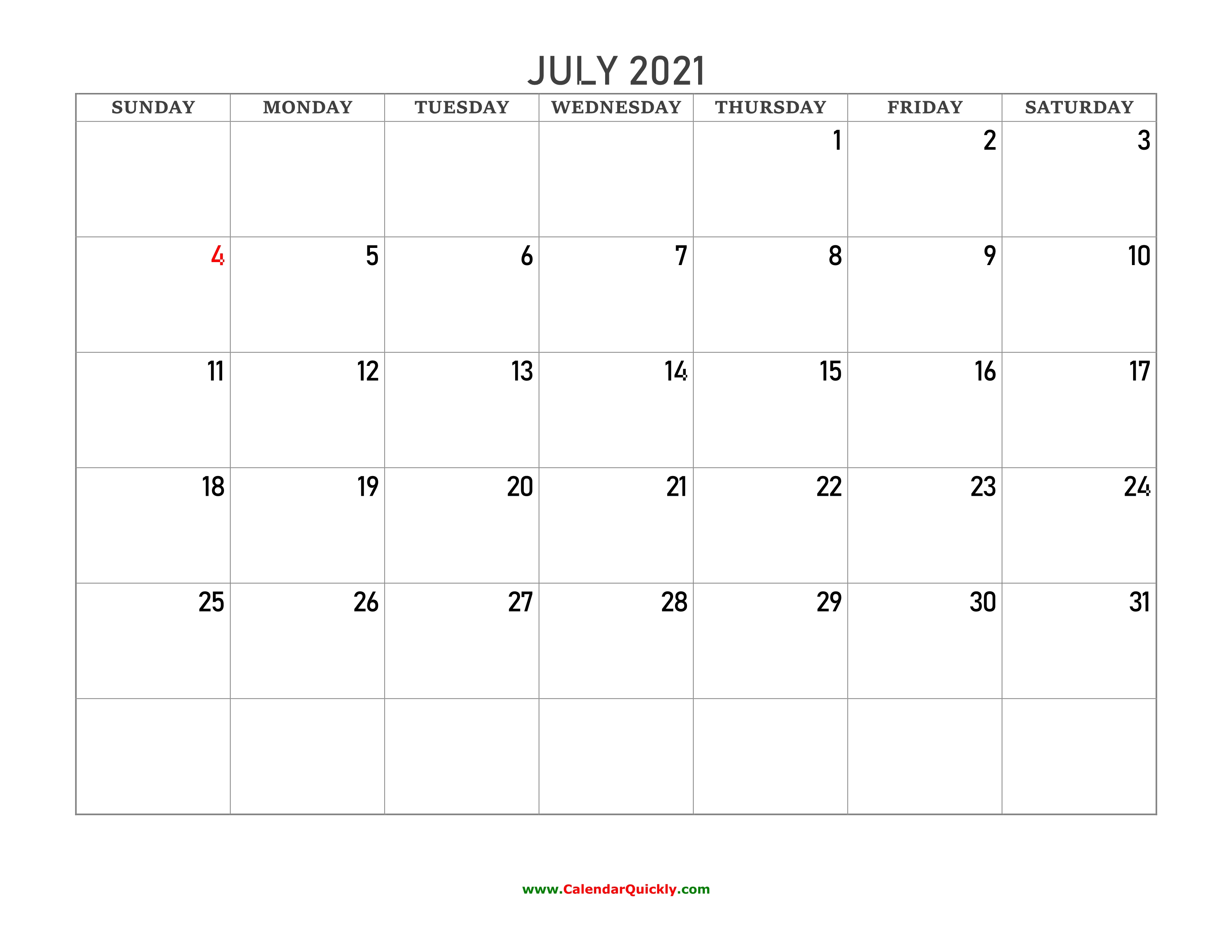 July 2021 Blank Calendar | Calendar Quickly July 2021 Calendar Monday Start